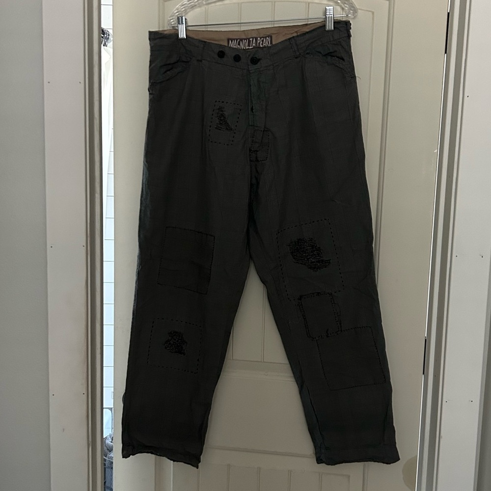 Magnolia Pearl cotton Bobbie trousers hand fading and patch work.